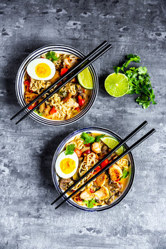 Overhead View Of Ramen Soup With Egg Served In Bowl