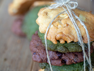 Multiple color cookies inclusive peanut butter, green tea cookies, and Chocolate Chip Cookies....