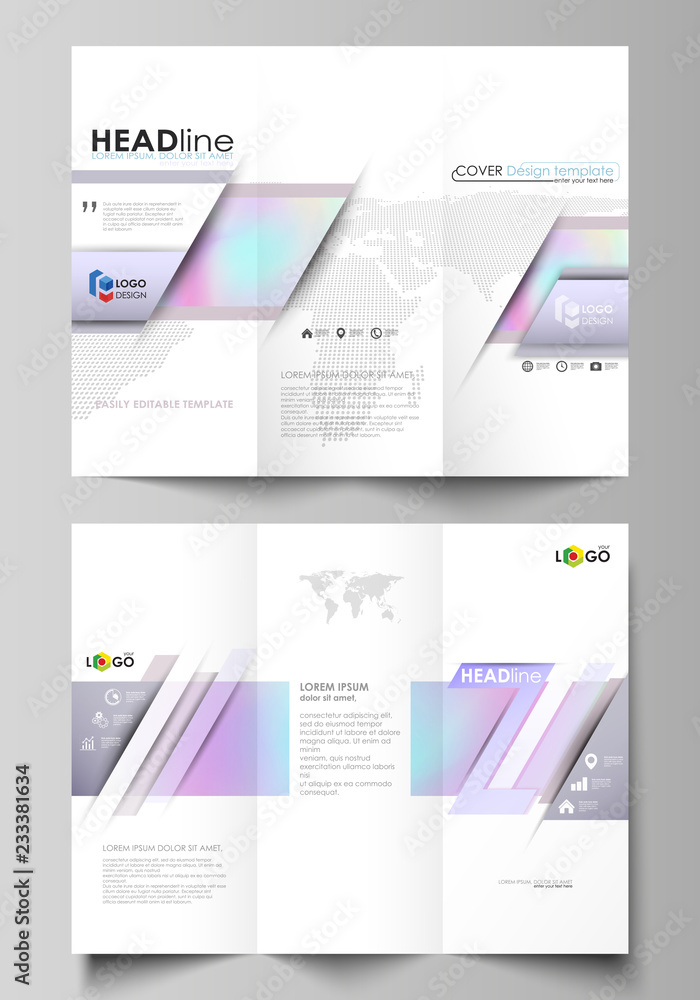 Poster Tri-fold brochure business templates on both sides. Abstract vector layout in flat design. Hologram, background in pastel colors with holographic effect. Blurred colorful pattern, futuristic texture.