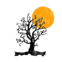 Halloween black big tree and orange moon,water color painting picture.