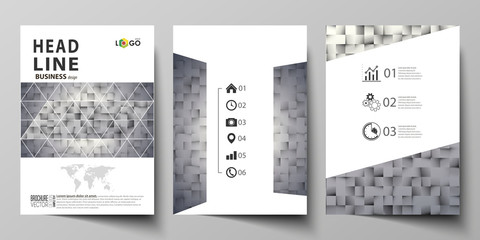 Business templates for brochure, magazine, flyer, report. Cover design template, abstract vector layout in A4 size. Pattern made from squares, gray background in geometrical style. Simple texture.