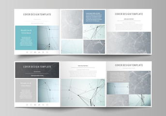 Set of business templates for tri fold square design brochures. Leaflet cover, abstract vector layout. Chemistry pattern, connecting lines and dots, molecule structure, scientific medical DNA research