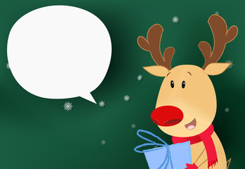 Christmas poster template design. Reindeer with gift box on green background with snowflakes, speech bubble for your text. Vector can be used for greeting cards, banners, flyers and brochures