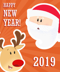 Happy New year greeting postcard template design. Santa Claus and reindeer faces on orange background. Template can be used for greeting cards, posters, leaflets and brochure