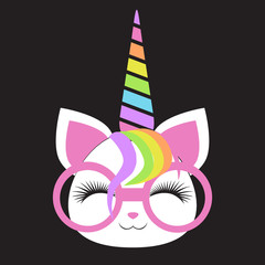 muzzle of a happy kitten with a rainbow horn and pink glasses.