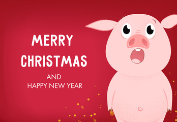 Merry Christmas and happy New Year invitation design. Shouting cartoon pig on pink background. Template can be used for greeting cards, posters, banners and brochures