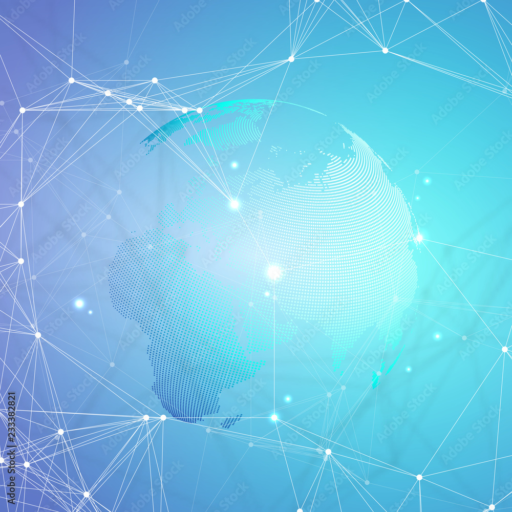 Poster dotted world globe with chemistry pattern, connecting lines and dots. molecule structure on blue. sc