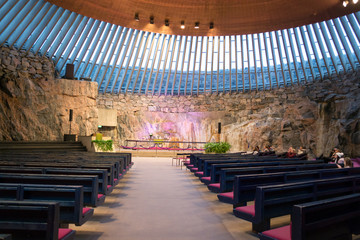 Helsinki, Finland, october 2018. Interior view of the famous stone church, an icon of this nice scandinavian city. Its finnish name is "Temppeliaukion kirkko" and it is carved from a rock