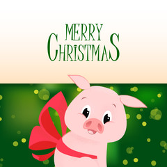 Merry Christmas poster template design. Piglet with bow under lettering on green bokeh background. Vector can be used for greeting cards, leaflets, posters and brochure