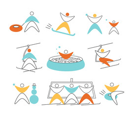 Collection of winter colorful linear navigation signs icons representing skiing and other winter outdoor activities, snowtubing, snowball, jacuzzi, snowboarding, snowman making,. Design for ski resort
