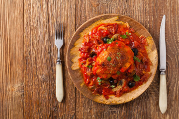 Traditionally made chicken in tomato sauce cacciatore.