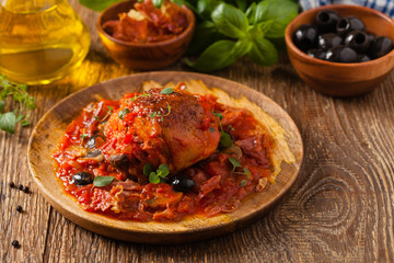 Traditionally made chicken in tomato sauce cacciatore.