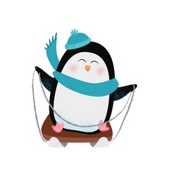 Cheerful cartoon penguin in scarf and hat sledging and having fun. Winter activity concept. Vector illustration can be used for topics like holiday, Christmas vacation, leisure