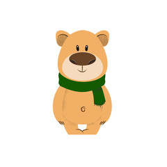 Cute smiling bear wearing green scarf. Winter character concept. Vector illustration can be used for topics like winter outfit, celebration, Christmas vacation