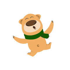 Joyful cartoon bear in green scarf dancing and having fun. Winter concept. Vector illustration can be used for topics like holiday, vacation, Christmas or New Year party