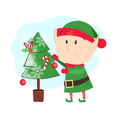 Cartoon Christmas elf postcard element design. Illustration of elf in green costume decorating fir tree. Christmas, fairy tales, cartoon character. Can be used for postcards, posters, greeting cards