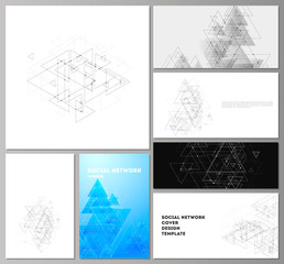 The minimalistic abstract editable vector layouts of modern social network mockups in popular formats. Polygonal background with triangles, connecting dots and lines. Connection structure.