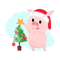 Cartoon piglet and fir tree postcard design. Illustration of piggy in red hat decorating fir tree. Can be used for topics like Christmas, holiday, festival, cartoon
