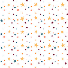 Colorful festive seamless pattern, abstract background with circles and stars on white. Infinity confetti geometric pattern. Wrapping paper. Vector illustration. 