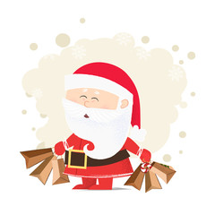 Santa Claus greeting card design. Drawing of cartoon Santa holding paper packets on aquarelle background with snowflakes. Can be used for topics like Christmas, holiday, festival, cartoon