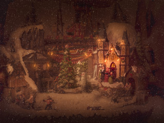 fotografia motivo navideño vintage con figuras de navidad en ambiente nevado cantando villancicos - obrazy, fototapety, plakaty