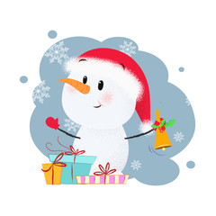 Snowman with gifts postcard design. Drawing of snowman in red hat with gift boxes on blue aquarelle background. Can be used for topics like Christmas, holiday, festival, cartoon