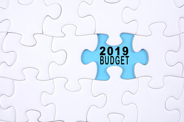 Business concept: 2019 BUDGET word on a jigsaw puzzle background.