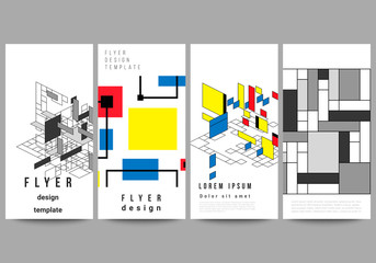 The minimalistic vector illustration of the editable layout of flyer, banner design templates. Abstract polygonal background, colorful mosaic pattern, retro bauhaus de stijl design.