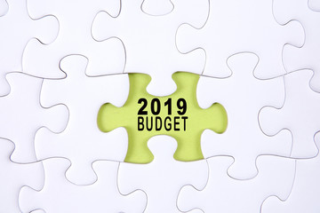 Business concept: 2019 BUDGET word on a jigsaw puzzle background.