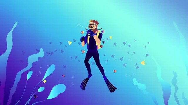 Scuba Diving vector animation. A man wearing diving suit. Under the sea life video. Water, ocean, sea, seaweeds, fish. Vector people characters - stock footage