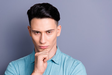 Close-up portrait of nice cool well-groomed attractive handsome 