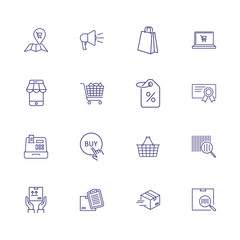 Online shopping line icon set. Paper bag, discount, cart. Retail concept. Can be used for topics like internet store, special offer, delivery