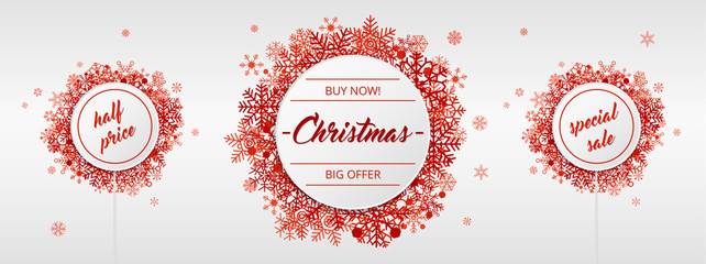 Christmas sales with red snowflakes on white background 