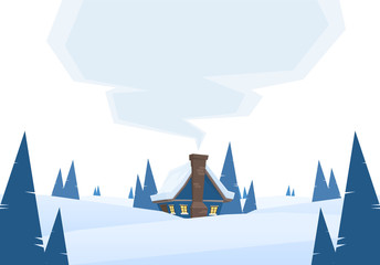 Vector illustration: Winter snowy cartoon landscape with house and smoke from chimney on white background.