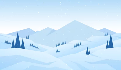 Fototapeten Vektor-Illustration: Winter verschneite Cartoon-Berge Landschaft mit Hügeln, Kiefern und Gipfeln © deniskrivoy