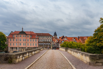 Fototapeta premium View of the old town of Hann. Münden with its half-timbered houses from the Old Werra Bridge paved with cobblestones.