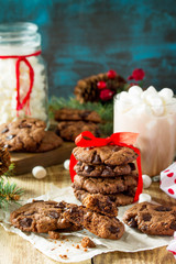 Baked Christmas cookies. Homemade Chocolate Chip Cookies on a wooden table. Copy space.