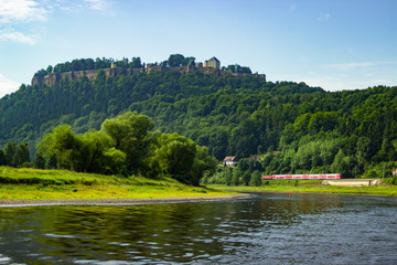 Fototapeta premium Beautiful view on Königstein castle from river Elbe in Saxony, Germany