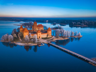 Trakai castle at winter, aerial view of the castle