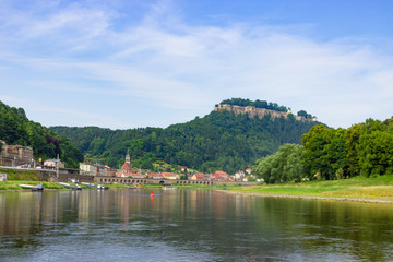 Fototapeta na wymiar Beautiful view on Königstein castle from river Elbe in Saxony, Germany