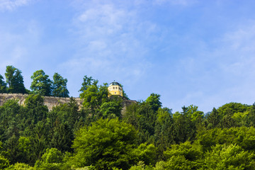 Fototapeta na wymiar View up on Königstein castle from river Elbe in Saxony, Germany