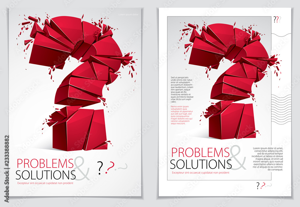 Poster broken question mark exploding brochure or flyer design, query breaking to pieces, vector 3d realist
