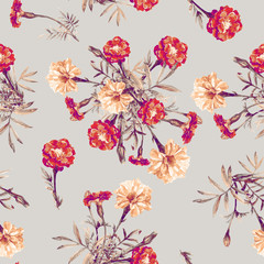 Seamless pattern of marigolds painted in watercolor.