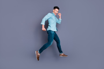 Full length body size profile side view portrait of nice cute at