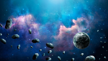 Fototapeta na wymiar Space scene. Blue nebula with planet and asteroids. Elements furnished by NASA. 3D rendering