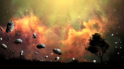 Space scene. Firing nebula with land, tree silhouette and asteroid. Elements furnished by NASA. 3D rendering