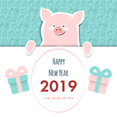 Happy Chinese new year 2019 greeting card with cute pig.