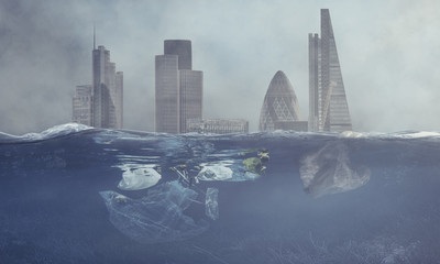 the London skyline surrounded by polluted water. Icon of a possible future.
