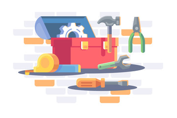 Toolkit with repair equipment, gear wheel, roller, hammer.