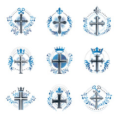 Christian Crosses emblems set. Heraldic Coat of Arms decorative logos isolated vector illustrations collection.